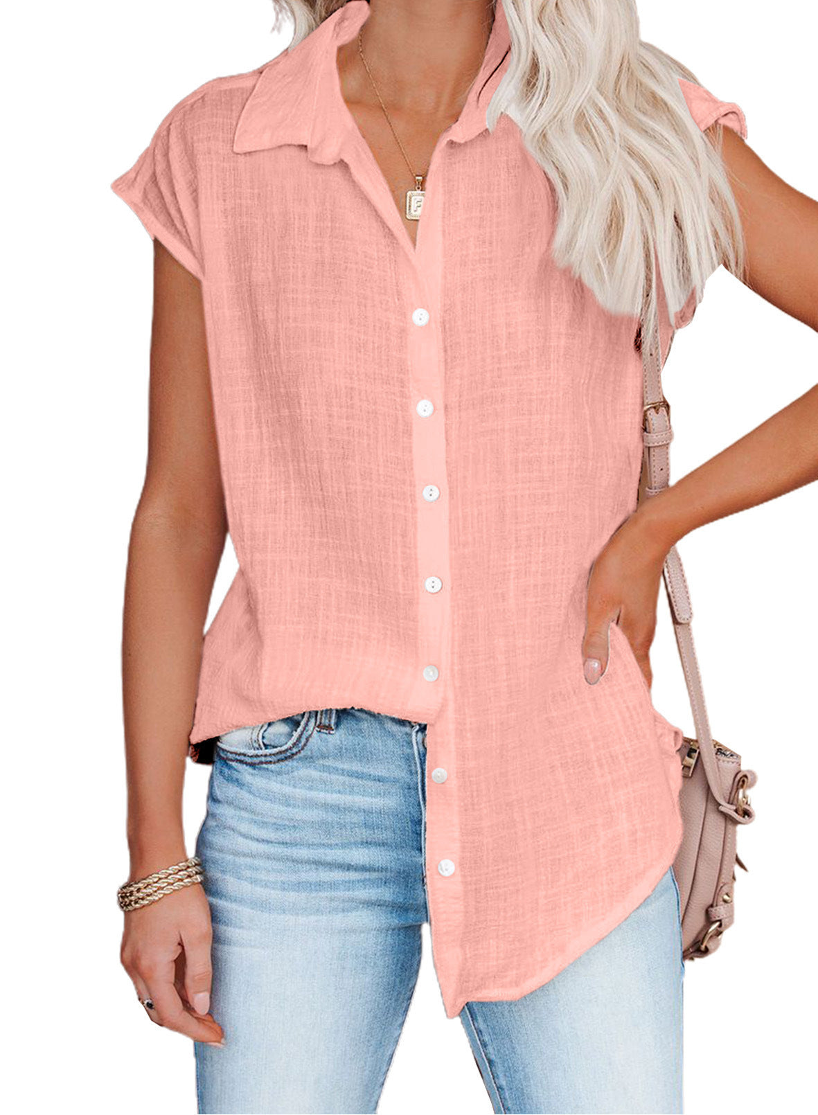 Women Casual Loose Solid Color Single-Breasted Lapel Sleeveless Blouse