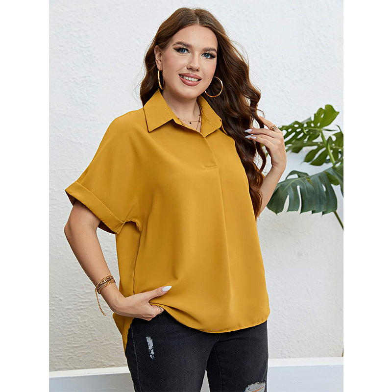 Casual Plus Size Women Solid Color Summer Polo Collar Chiffon Shirt Lapel Short Sleeve Blouse
