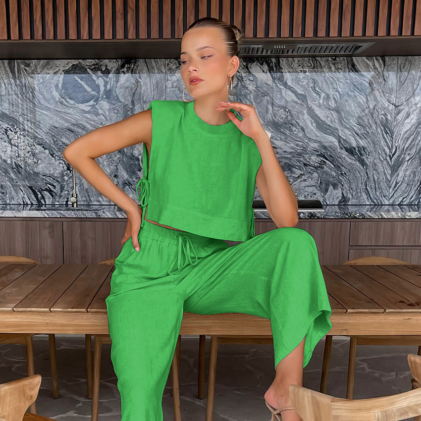 Women Casual Fashion Solid Color Cotton Linen Sleeveless Blouse And Pants Vacation Set