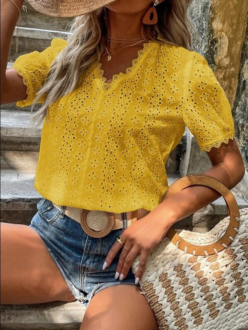Women Casual Summer Solid Color Short Sleeve Hollow Blouse