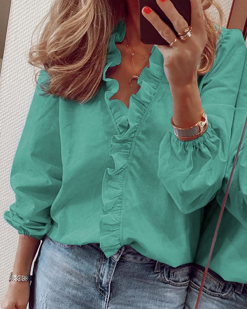 Women Casual V Neck Lantern Sleeve Ruffled Blouse