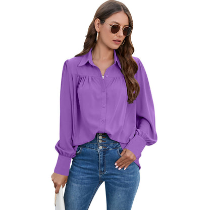Women Casual Solid Color Chiffon Pleated Long Sleeve Plus Size Blouse