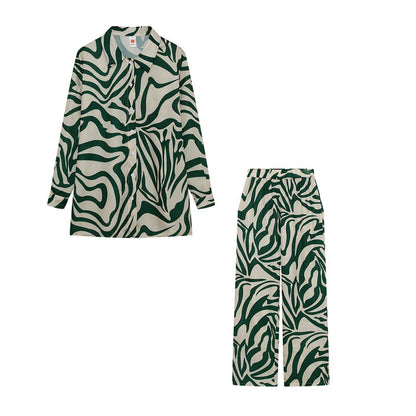 Women Fashion Casual Stripe Print Long Sleeve Blouse Pants Set