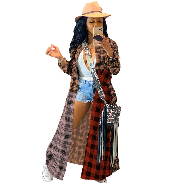 Women Fashion Casual Multicolor Plaid Patchwork Long Blouse Shacket Over Coat