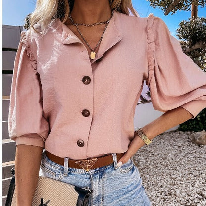 Women Elegant Basic Casual Solid Color Short Sleeves Ruffled Blouse