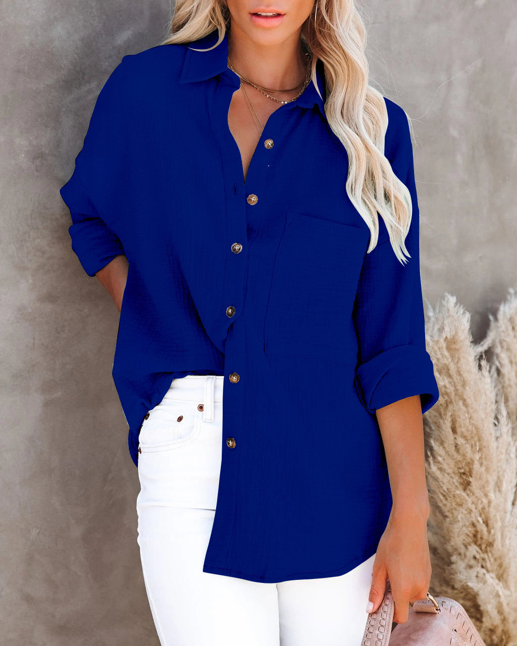 Women'S Casual Long Sleeve V-Neck Button Cotton Linen Blouse