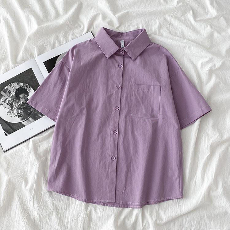 Casual Women Spring Summer Loose Fashion Short-Sleeve Solid Color Lapel Shirt Blouse