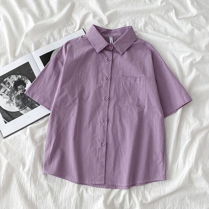 Casual Women Spring Summer Loose Fashion Short-Sleeve Solid Color Lapel Shirt Blouse