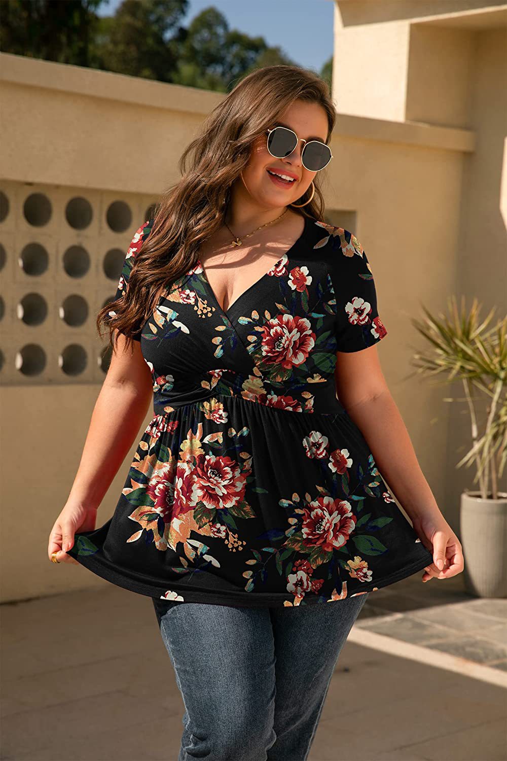 Women Plus Size Floral Print Casual Summer Short Sleeve V Neck Blouse