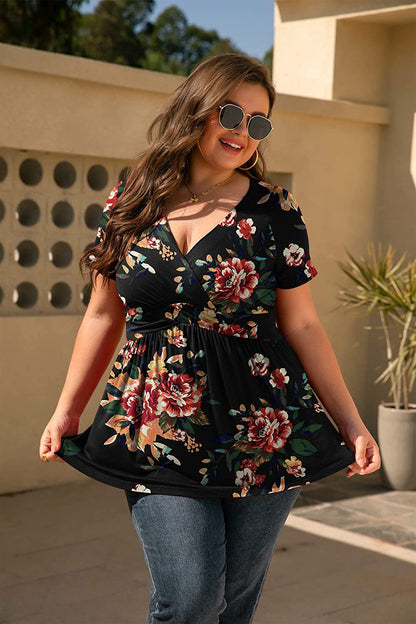Women Plus Size Floral Print Casual Summer Short Sleeve V Neck Blouse