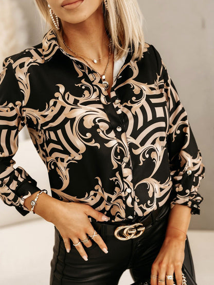Women Fashion Casual Retro Printed Lapel Single-Breasted Blouse