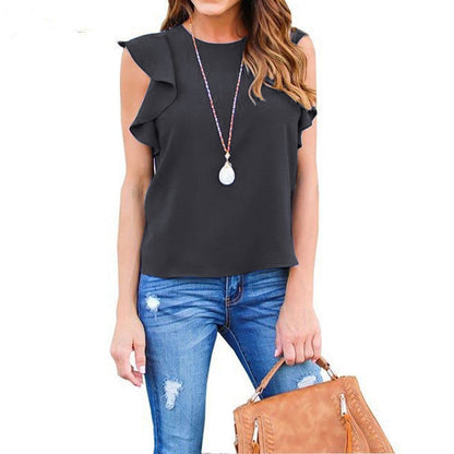 Women Fashion Casual Solid Color Chiffon Ruffled Sleeveless Blouse