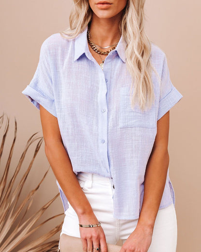 Women Fashion Casual Solid Color Short Sleeve Buttoned Knotted Blouse