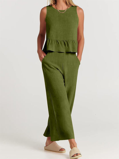 Summer Sleeveless Ruffled Blouse Wide Leg Pants Casual Women Set