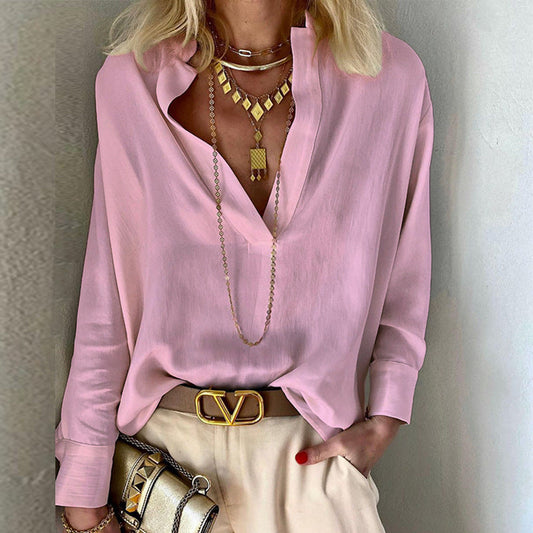 Women Fashion Casual Stand Collar Solid Color Cotton Linen Blouse