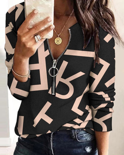 Women Casual Fashion Letter Print Zipper Long Sleeves Blouse