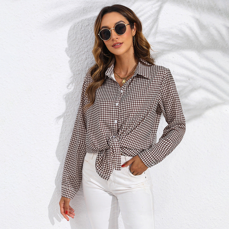 Women Fashion Check Printing Long Sleeve Casual Blouses