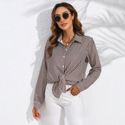 Women Fashion Check Printing Long Sleeve Casual Blouses