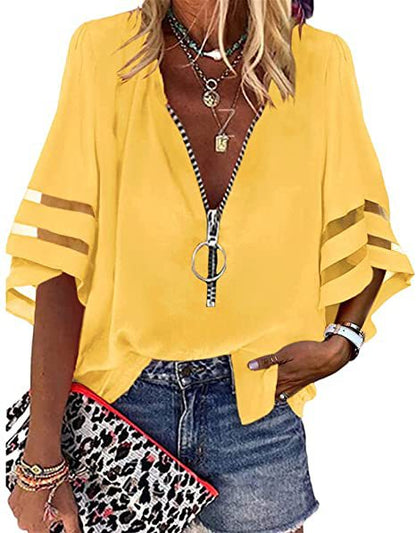 Casual V Neck Women Half Zipper Flare Sleeve Blouse
