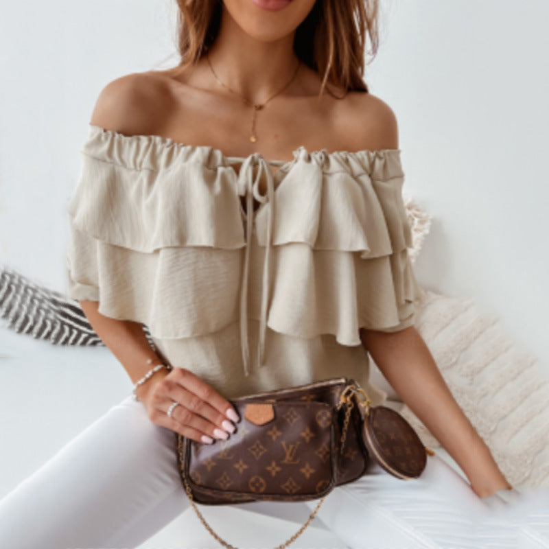 Women Elegant Solid Color Chiffon Off-the-shoulder Ruffled Casual Loose Blouse
