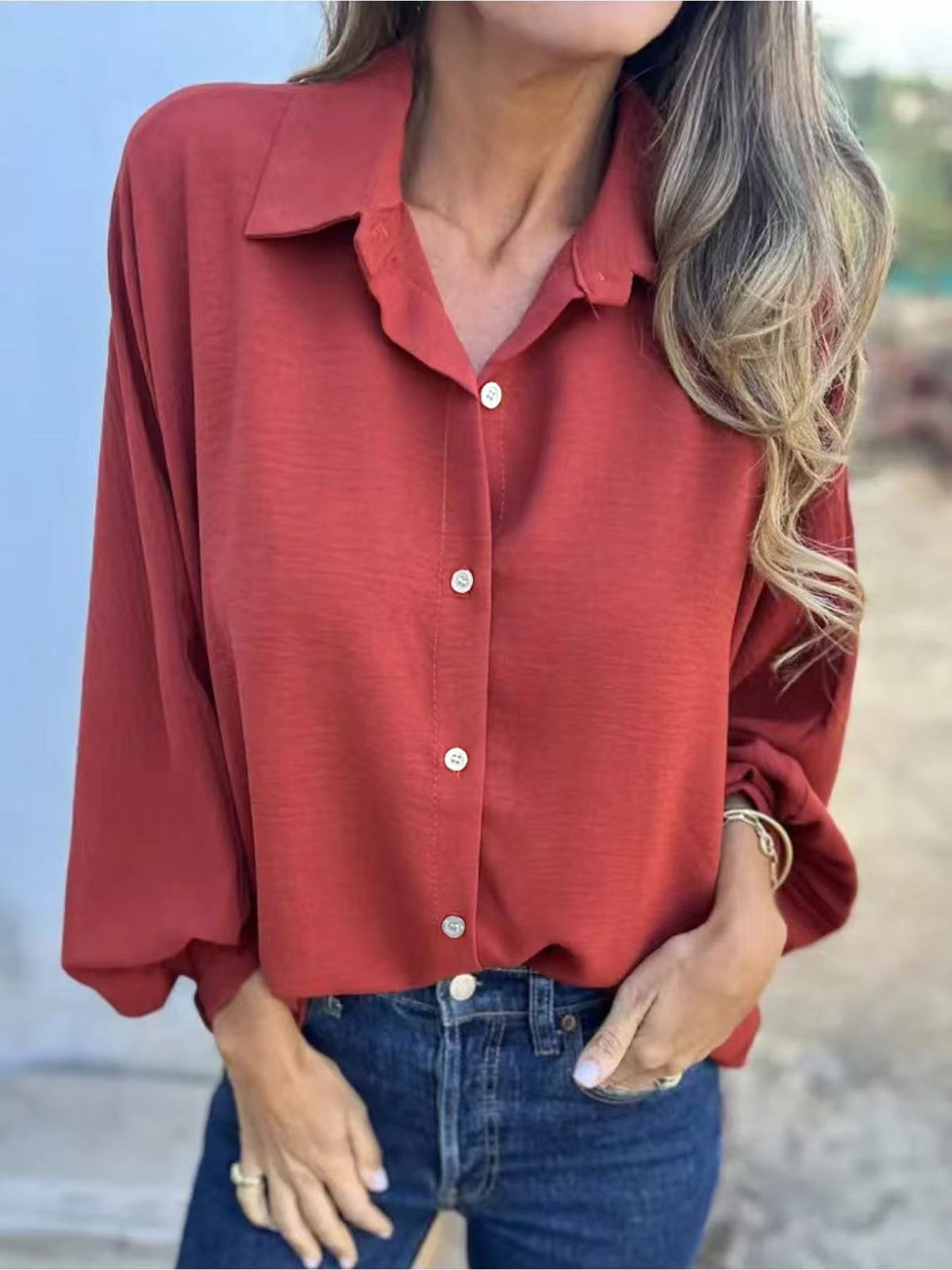 Women Fashion Casual Solid Color Lapel Long Sleeve Single Breasted Blouse