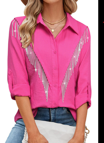 Women Fashion Casual Rhinestone Tassel Lapel Long Sleeve Blouse