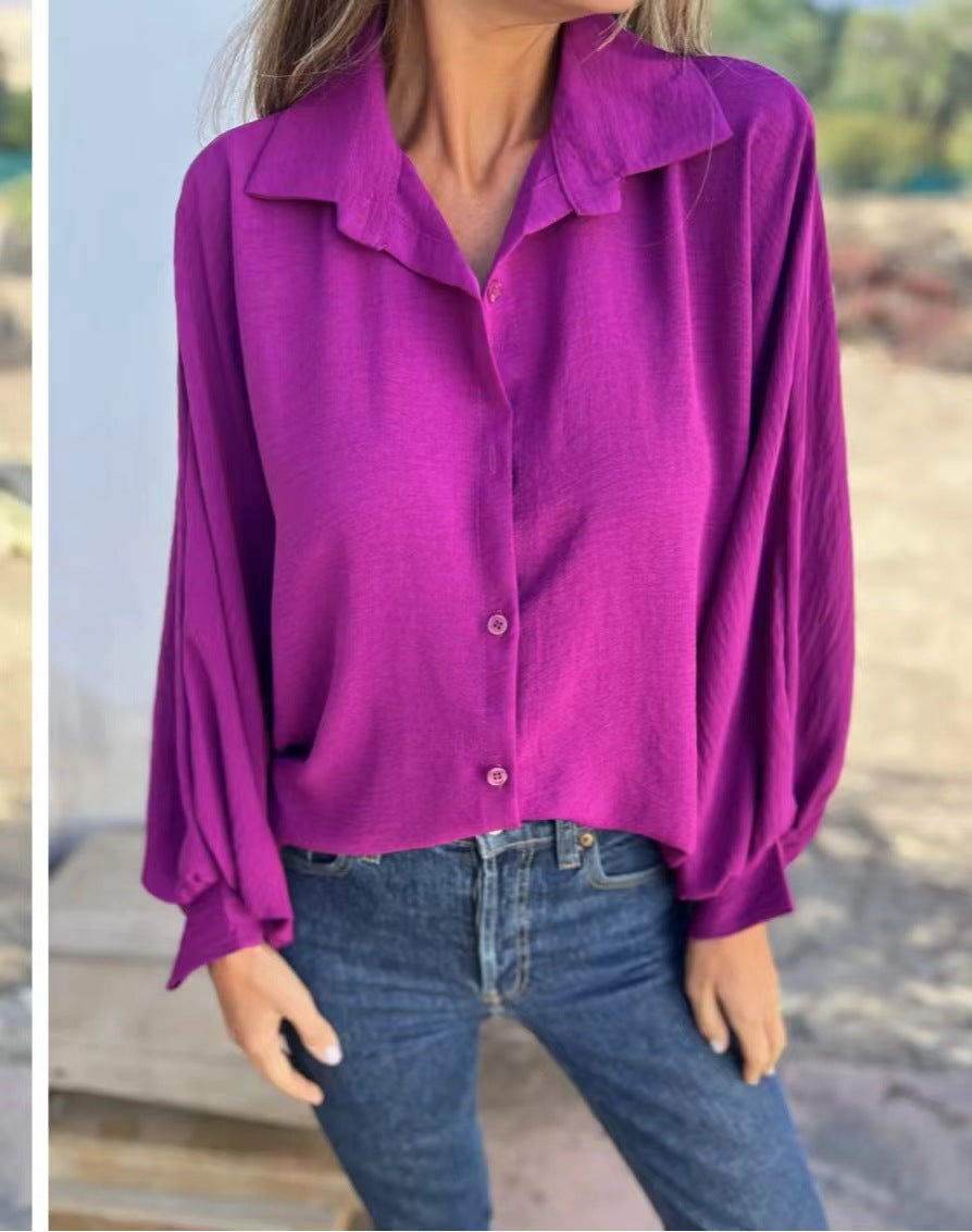 Women Fashion Casual Solid Color Lasel Long Sleeve Button Blouse