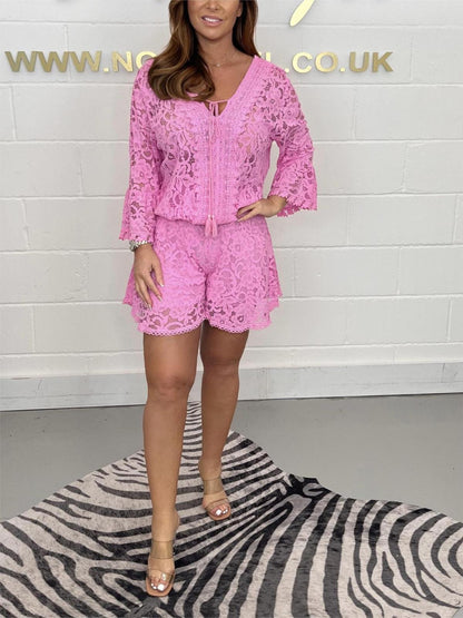 Fashion Casual Women Solid Color Lace Flare Sleeve Blouse Shorts Set