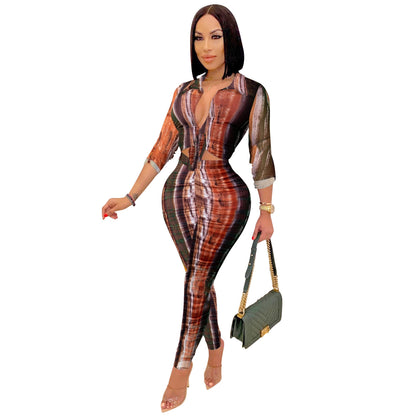 Women Fashion Printing Single Breasted Long-Sleeved Shirt Blouse And Pants Casual Two-Piece Set
