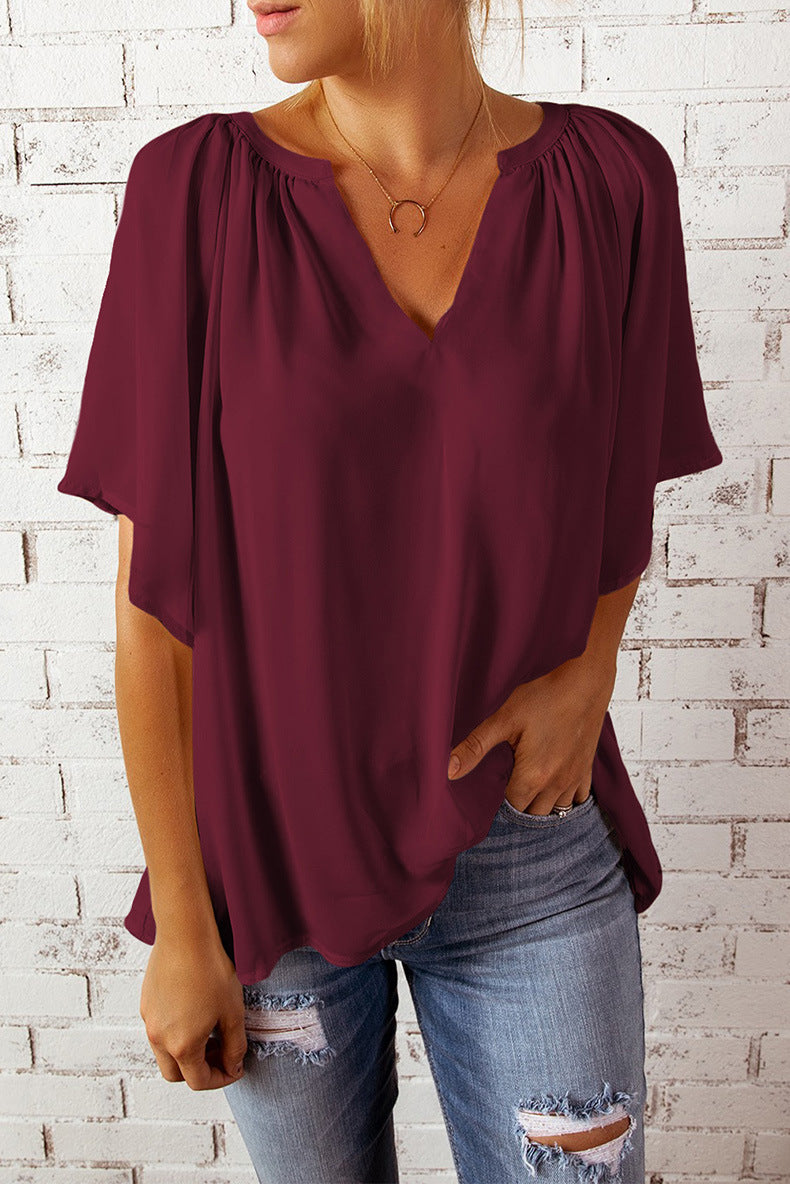Women Casual Loose Solid Color V-Neck Short-Sleeve Blouse