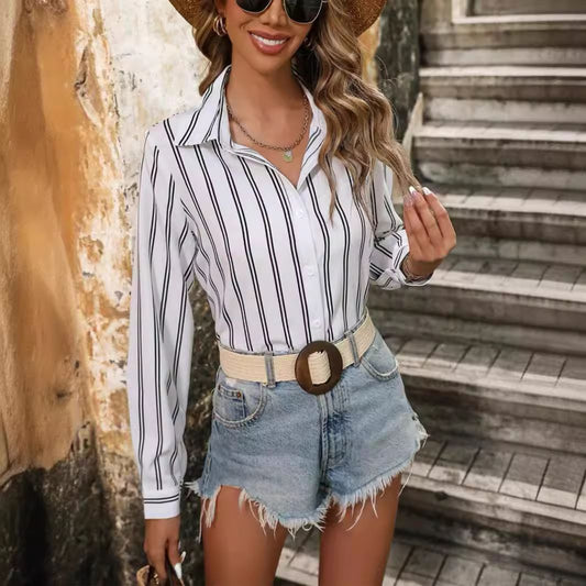 Women Fashion Casual Loose Stripe Lapel Long Sleeve Single Breasted Blouse