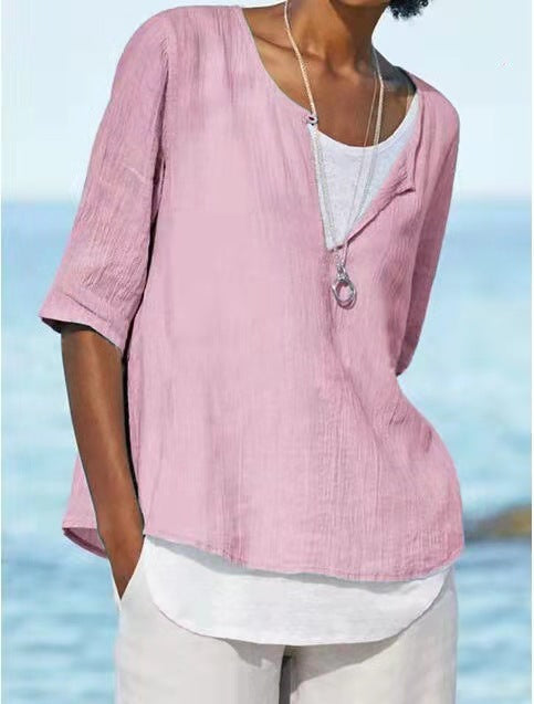 Women Casual V Neck Linen Solid Color Blouse