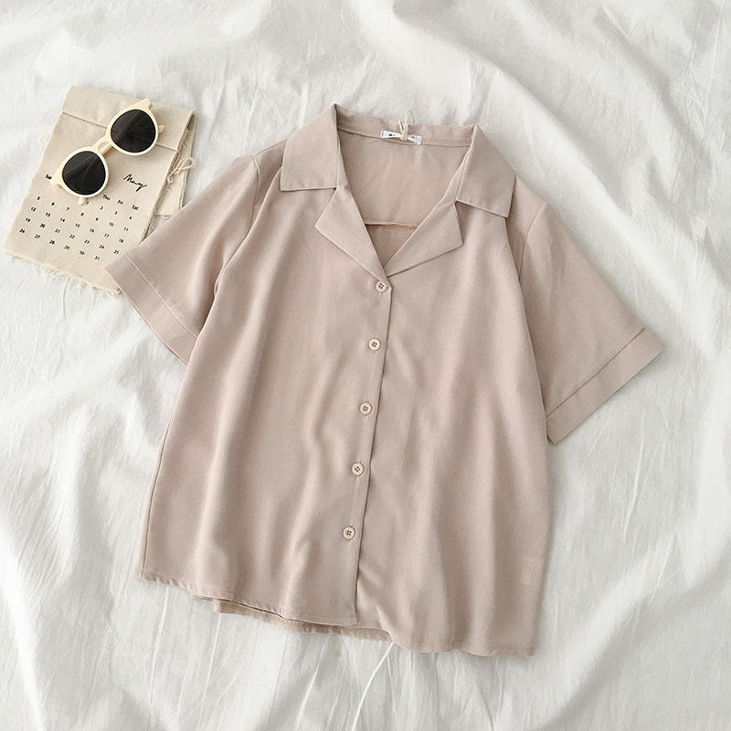 Casual Basic Summer Women Solid Color Lapel Short-Sleeved Shirt Blouse