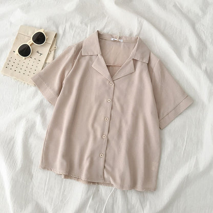 Casual Basic Summer Women Solid Color Lapel Short-Sleeved Shirt Blouse