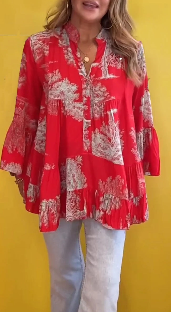 Summer Women Casual Irregular Printed Long-Sleeved Ruffled Blouse