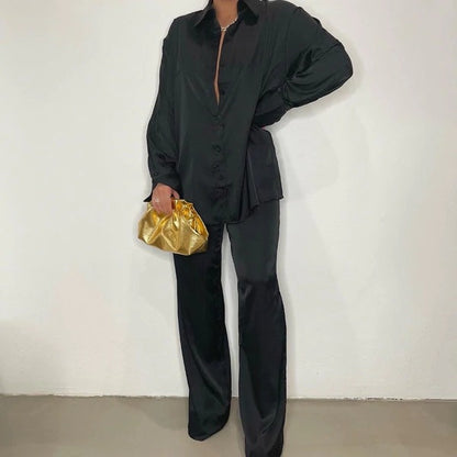 Summer Women Casual Basic Fashion Multicolor Satin Loose Long Sleeves Blouse And Pants Set