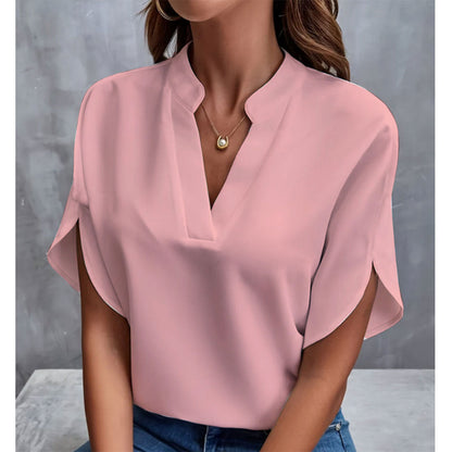Women Summer V-Neck Shirt Solid Color Casual Short-Sleeved Pullover Office Blouse