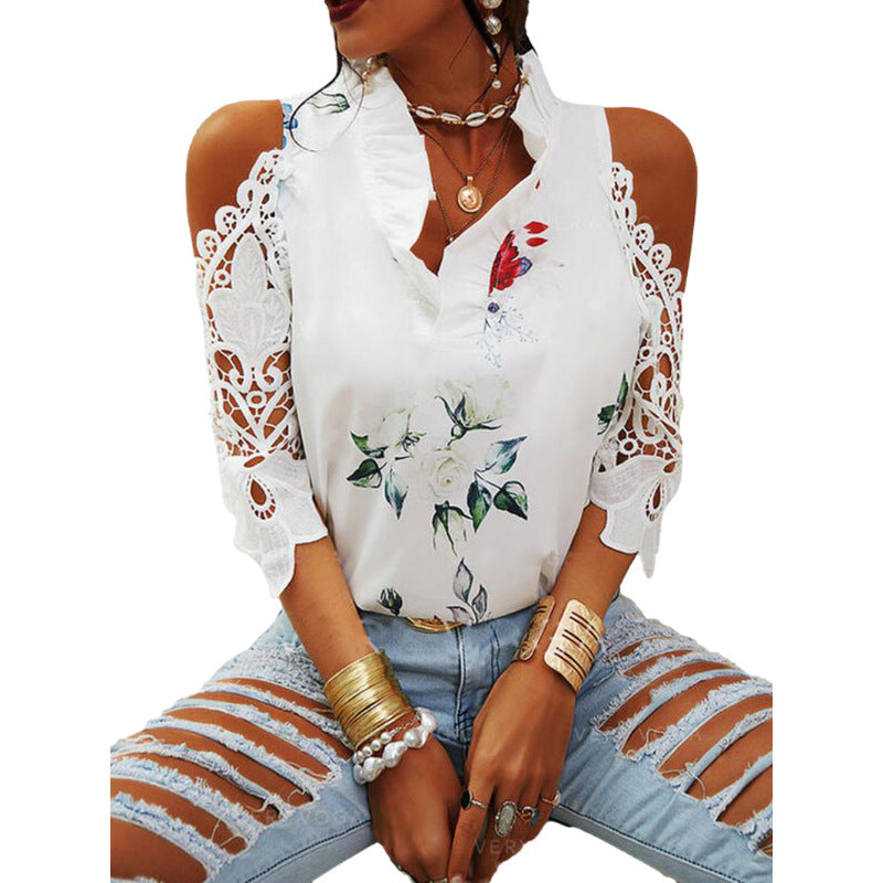 Summer Women Casual Floral Print Cool-Shoulder Lace Patchwork Long-Sleeved Blouse