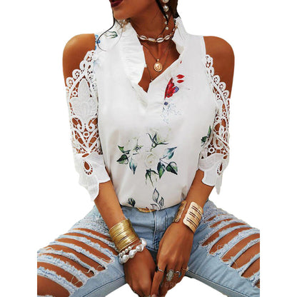 Summer Women Casual Floral Print Cool-Shoulder Lace Patchwork Long-Sleeved Blouse