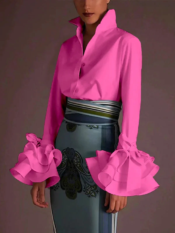 Women Casual Solid Color Lotus Leaf Sleeve Blouse