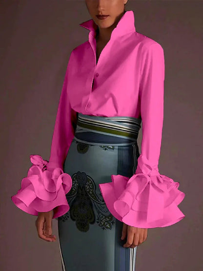 Women Casual Solid Color Lotus Leaf Sleeve Blouse