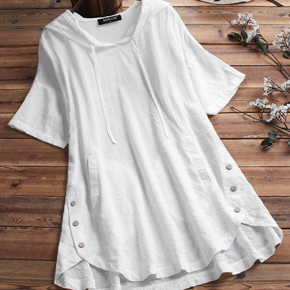 Women Casual Summer Short Sleeves Plus Size Round Neck Loose Hooded Blouse