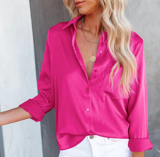 Women Fashion Casual Solid Color Lapel Long-Sleeve Blouse