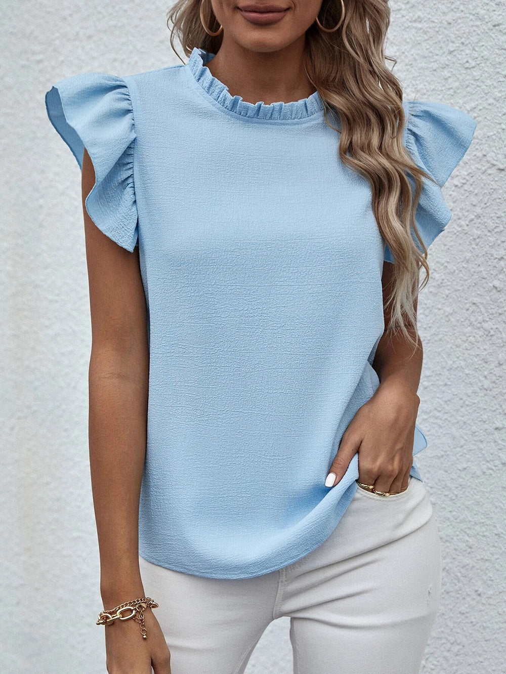 Women Fashion Casual Solid Color Ruffled Round Neck Sleeveless Blouse
