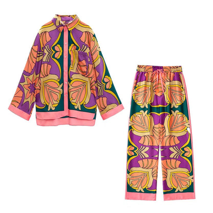 Women Elastic Waist Straight Suit Casual Print Shirt Blouse Top And Pants 2 Piece Set