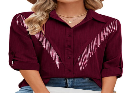 Women Fashion Casual Rhinestone Tassel Lapel Long Sleeve Blouse