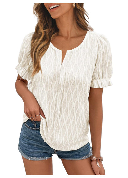 Women Fashion Casual Solid Color Jacquard V-Neck Puff Sleeve Blouse