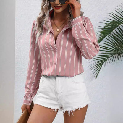 Women Fashion Casual Loose Stripe Lapel Long Sleeve Single Breasted Blouse