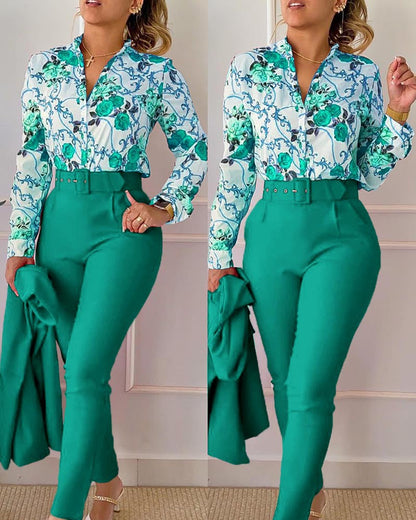 Women Fashion Casual Floral Printed Lapel Long-Sleeve Blouse Slim Fit Pants Two-Piece Pants