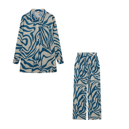 Women Fashion Casual Stripe Print Long Sleeve Blouse Pants Set